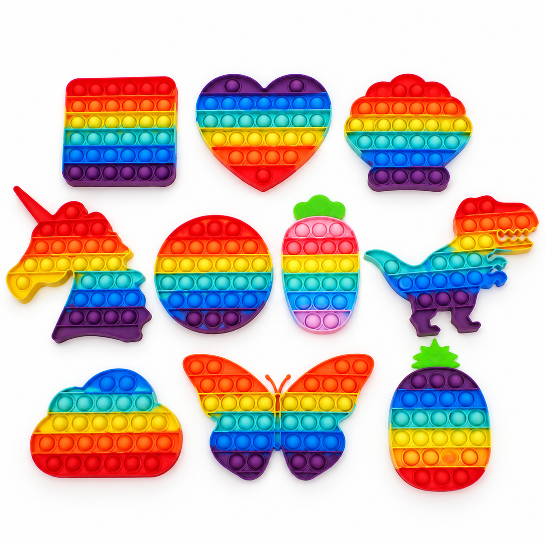 Assorted rainbow Pop It fidget shapes on a clean white background