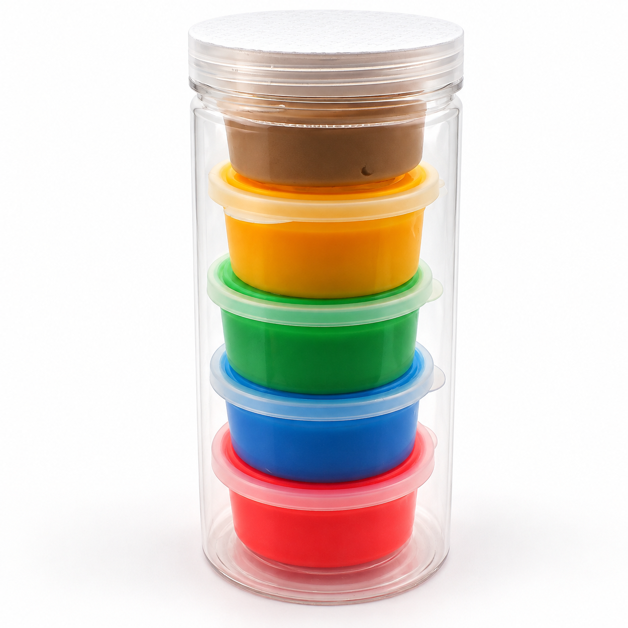 Five tubs of colourful therapy putty in a clear storage cylinder
