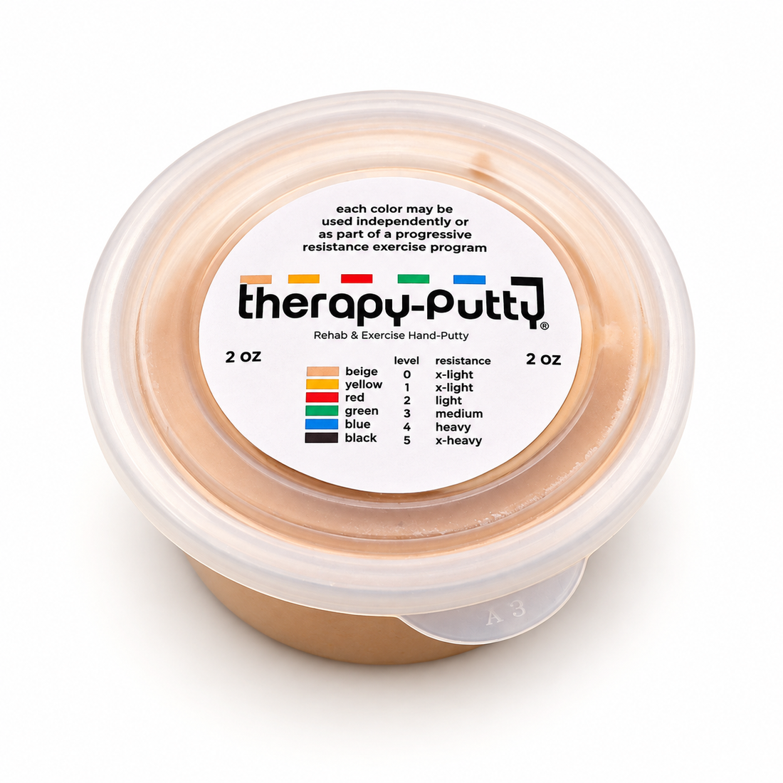 Individual 57 gram tub of therapy putty on a clean white background